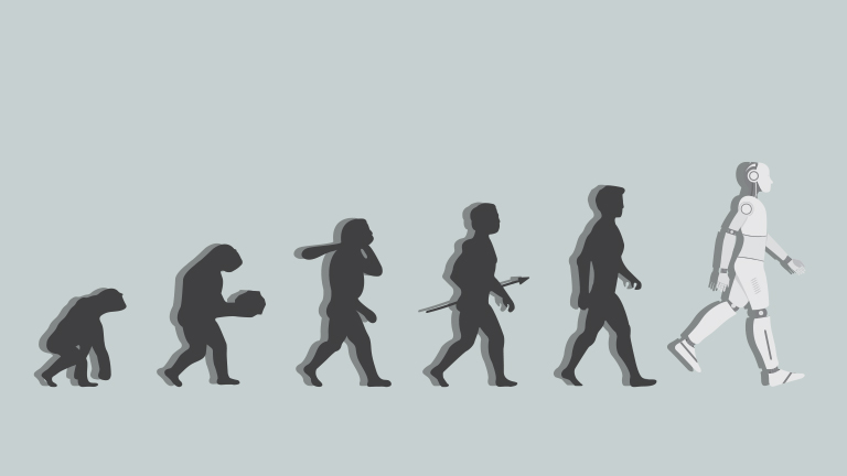 A tiwst on the evolution of humankind lienup, where to the left we see a silhouette of a small monkey, gradually progressing to cro magnon and the modern man, until we see a tall cyborg creature that is no longer a silhouette on the far right of the lineup