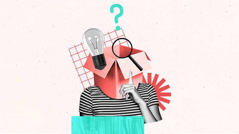 Vertical collage image headless person showing figer gesture carton box magnifying loop lightbulb dilemma solve drawing background