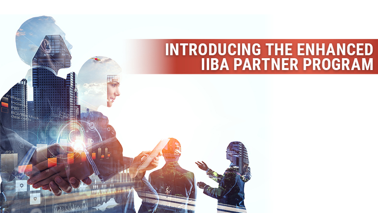 A picture with a white background and various silhouettes of business people talking and shaking hands, with images of buildings layered behind them. A caption to the right reads, "Introducing the enhanced IIBA partner program"